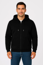 Erkek Üç İplik Kapüşonlu Tam Fermuarlı Kanguru Çepli SweatShirt Hoodie - Siyah - Görsel 4