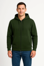 Erkek Üç İplik Kapüşonlu Tam Fermuarlı Kanguru Çepli SweatShirt Hoodie - Haki - Görsel 4