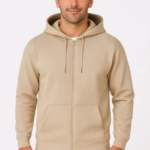Erkek Üç İplik Kapüşonlu Tam Fermuarlı Kanguru Çepli SweatShirt Hoodie - Bej