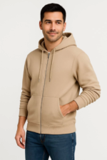 Erkek Üç İplik Kapüşonlu Tam Fermuarlı Kanguru Çepli SweatShirt Hoodie - Bej - Görsel 3