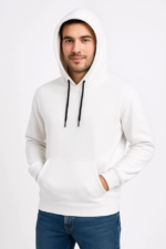 Erkek Üç İplik Kapüşonlu Kanguru Cepli SweatShirt Hoodie - Beyaz - Görsel 4