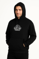 Erkek Üç İplik Kapüşonlu Ön Ve Arka Baskılı SweatShirt Hoodie - Siyah