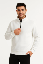 Erkek Dik Yaka Sweatshirt Dik Yaka Yarım Fermuarlı 3 İplik Şardonlu Pamuk Kumaş - Beyaz - Görsel 2