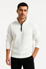 Erkek Dik Yaka Sweatshirt Dik Yaka Yarım Fermuarlı 3 İplik Şardonlu Pamuk Kumaş - Beyaz - Görsel 3