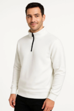 Erkek Dik Yaka Sweatshirt Dik Yaka Yarım Fermuarlı 3 İplik Şardonlu Pamuk Kumaş - Beyaz - Görsel 4