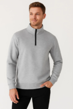 Erkek Dik Yaka Sweatshirt Dik Yaka Yarım Fermuarlı 3 İplik Şardonlu Pamuk Kumaş - Gri - Görsel 3