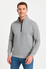 Erkek Dik Yaka Sweatshirt Dik Yaka Yarım Fermuarlı 3 İplik Şardonlu Pamuk Kumaş - Gri - Görsel 4