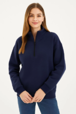 Üç İplik Dık Yaka Yarım Fermuarlı SweatShirt - Lacivert - Görsel 4