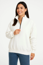 Üç İplik Dık Yaka Yarım Fermuarlı SweatShirt - Beyaz