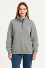 Üç İplik Dık Yaka Yarım Fermuarlı SweatShirt - Gri - Görsel 2