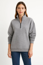 Üç İplik Dık Yaka Yarım Fermuarlı SweatShirt - Gri - Görsel 3