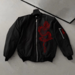 Tam Fermuarlı Uzun Kol Baskılı Bomber Ceket - Siyah