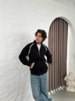 Erkek Oversize Dik Yaka Fermuarlı Sweatshirt - Zincir Nakışli Kanguru Cepli - Siyah - Görsel 2