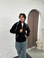 Erkek Oversize Dik Yaka Fermuarlı Sweatshirt - Zincir Nakışli Kanguru Cepli - Siyah - Görsel 3