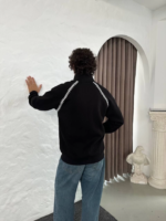 Erkek Oversize Dik Yaka Fermuarlı Sweatshirt - Zincir Nakışli Kanguru Cepli - Siyah - Görsel 4