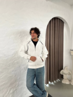 Erkek Oversize Dik Yaka Fermuarlı Sweatshirt - Zincir Nakışli Kanguru Cepli - Beyaz - Görsel 3