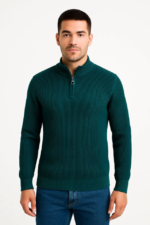 Erkek Yarım Fermuarlı Triko Kazak – Selanik Örgü, Dik Yaka, Pamuklu Dokuma, Regular Fit Uzun Kollu Kışlık Model - Haki - Görsel 3