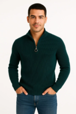 Erkek Yarım Fermuarlı Triko Kazak – Selanik Örgü, Dik Yaka, Pamuklu Dokuma, Regular Fit Uzun Kollu Kışlık Model - Haki - Görsel 4