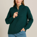 KADIN Yarım Fermuarlı Triko Kazak – Selanik Örgü, Dik Yaka, Pamuklu Dokuma, Oversize Uzun Kollu Kışlık Model - Haki