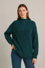 KADIN Yarım Fermuarlı Triko Kazak – Selanik Örgü, Dik Yaka, Pamuklu Dokuma, Oversize Uzun Kollu Kışlık Model - Haki - Görsel 2