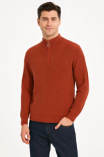 Erkek Yarım Fermuarlı Triko Kazak – Selanik Örgü, Dik Yaka, Pamuklu Dokuma, Regular Fit Uzun Kollu Kışlık Model - Kiremit - Görsel 2