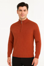 Erkek Yarım Fermuarlı Triko Kazak – Selanik Örgü, Dik Yaka, Pamuklu Dokuma, Regular Fit Uzun Kollu Kışlık Model - Kiremit - Görsel 3