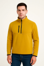 Erkek Polar Kazak – Dik Yaka, Yarım Fermuarlı, Fermuarlı Göğüs Cepli, Siyah Biyeli, Kışlık Rahat Regular Fit Günlük Model - Sarı - Görsel 3