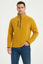 Erkek Polar Kazak – Dik Yaka, Yarım Fermuarlı, Fermuarlı Göğüs Cepli, Siyah Biyeli, Kışlık Rahat Regular Fit Günlük Model - Sarı - Görsel 4