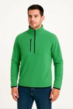 Erkek Polar Kazak – Dik Yaka, Yarım Fermuarlı, Fermuarlı Göğüs Cepli, Siyah Biyeli, Kışlık Rahat Regular Fit Günlük Model - Yeşil - Görsel 2