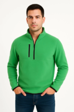 Erkek Polar Kazak – Dik Yaka, Yarım Fermuarlı, Fermuarlı Göğüs Cepli, Siyah Biyeli, Kışlık Rahat Regular Fit Günlük Model - Yeşil - Görsel 4