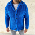 Erkek Pelüş Polar Hırka Gömlek – Yakalı, İlik Düğmeli, Göğüs Cepli, Yumuşak Dokulu Kışlık Regular Fit Rahat Günlük Model - Saks Mavisi - Görsel 3