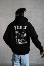 Erkek Oversize Üç İplik Kapüşonlu Sweat – Siyah Kol Ve Etek Ribana Detaylı, Ön Ve Sırt Baskılı, Kanguru Cepli Rahat Kalıp Model - Görsel 2