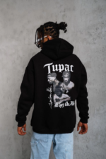 Erkek Oversize Üç İplik Kapüşonlu Sweat – Siyah Kol Ve Etek Ribana Detaylı, Ön Ve Sırt Baskılı, Kanguru Cepli Rahat Kalıp Model - Görsel 3