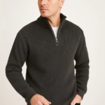 Erkek Yarım Fermuarlı Triko Kazak – Selanik Örgü, Dik Yaka, Pamuklu Dokuma, Regular Fit Uzun Kollu Kışlık Model - Füme