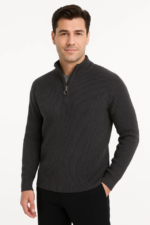 Erkek Yarım Fermuarlı Triko Kazak – Selanik Örgü, Dik Yaka, Pamuklu Dokuma, Regular Fit Uzun Kollu Kışlık Model - Füme - Görsel 3