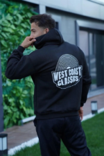 Erkek Oversize Üç İplik Kapüşonlu Sweatshirt – Siyah Sırt Ve Ön Baskılı, Kanguru Cepli, Rahat Kalıp, İçi Pamuklu ModeL-Siyah - Görsel 3