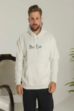 Oversize Üç İplik Şardonlu Kapüşonlu Sweatshirt – Beyaz “Other Lives” Ön Ve Arka Baskılı, Kanguru Cepli, Ribanalı Rahat Kışlık Model Beyaz - Görsel 2