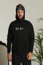 Erkek Kapşonlu Sweatshirt – Oversize Üç İplik Şardonlu Hoodie, “Other Lives” Ön - Arka Baskılı, Kanguru Cepli, Kışlık Rahat Günlük Stil - Siyah - Görsel 3