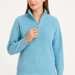 KADIN Yarım Fermuarlı Triko Kazak – Selanik Örgü, Dik Yaka, Pamuklu Dokuma, Oversize Uzun Kollu Kışlık Model - Bebe Mavisi