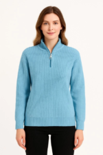 KADIN Yarım Fermuarlı Triko Kazak – Selanik Örgü, Dik Yaka, Pamuklu Dokuma, Oversize Uzun Kollu Kışlık Model - Bebe Mavisi - Görsel 2