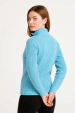 KADIN Yarım Fermuarlı Triko Kazak – Selanik Örgü, Dik Yaka, Pamuklu Dokuma, Oversize Uzun Kollu Kışlık Model - Bebe Mavisi - Görsel 3