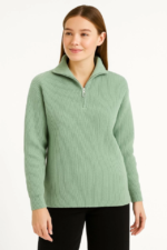 KADIN Yarım Fermuarlı Triko Kazak – Selanik Örgü, Dik Yaka, Pamuklu Dokuma, Oversize Uzun Kollu Kışlık Model - Mint Yeşili - Görsel 2