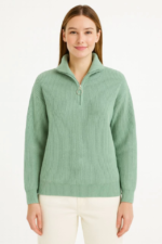 KADIN Yarım Fermuarlı Triko Kazak – Selanik Örgü, Dik Yaka, Pamuklu Dokuma, Oversize Uzun Kollu Kışlık Model - Mint Yeşili - Görsel 3