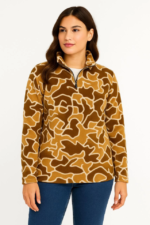 KADIN Yarım Fermuarlı Desenli Polar Sweat Yakalı, Uzun Kollu, Oversize Rahat Kalıp - Kahverengi - Görsel 3