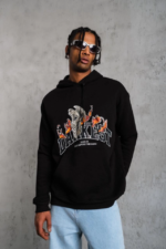 Erkek Oversize Kapüşonlu Sweatshirt – Siyah Renk Üç İplik İçi Pamuklu Kanguru Cepli Baskılı Hoodie Rahat Kalıp Kışlık Günlük Kombinlere Uygun - Siyah - Görsel 4