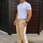 Erkek Üç İplik Kışlık Pamuklu Yandan Garneli Kalın Şeritli Cepli Eşofman Altı - Bej