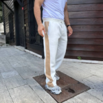 Erkek Üç İplik Kışlık Pamuklu Yandan Garneli Kalın Bej Şeritli Cepli Eşofman Altı - Beyaz - Görsel 2