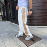 Erkek Üç İplik Kışlık Pamuklu Yandan Garneli Kalın Bej Şeritli Cepli Eşofman Altı - Beyaz - Görsel 3