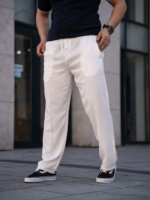 Erkek Keten Cepli Çıma Dikişli Jogger Buggy Pantalon Rahat Kalıp - Beyaz - Görsel 3