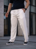 Erkek Keten Cepli Çıma Dikişli Jogger Buggy Pantalon Rahat Kalıp - Beyaz - Görsel 4